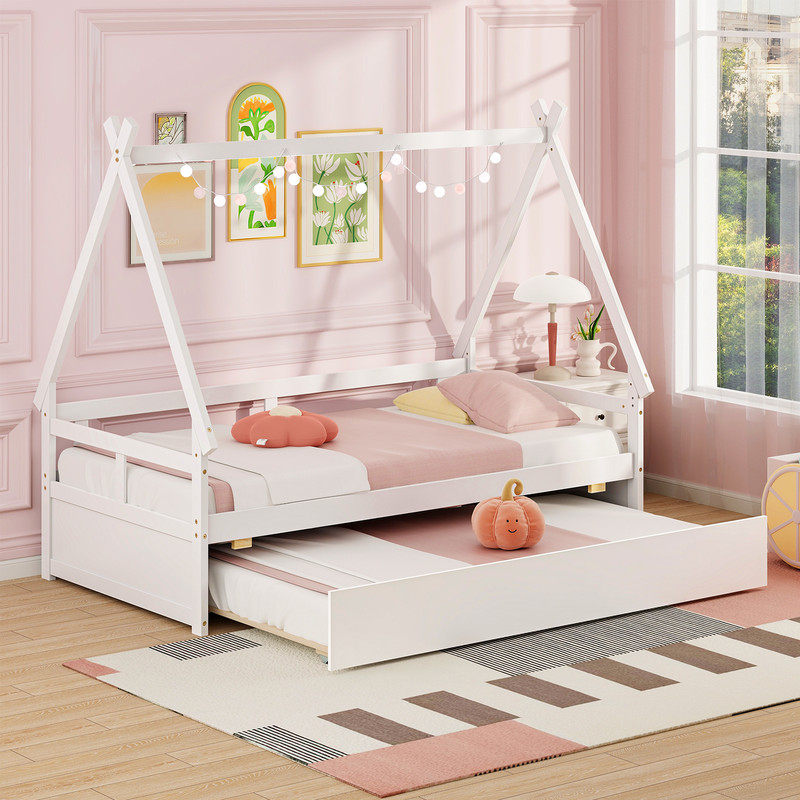 Twin Size House Bed with Trundle & Safety Guardrail, Kids Wooden Playhouse Bed Frame