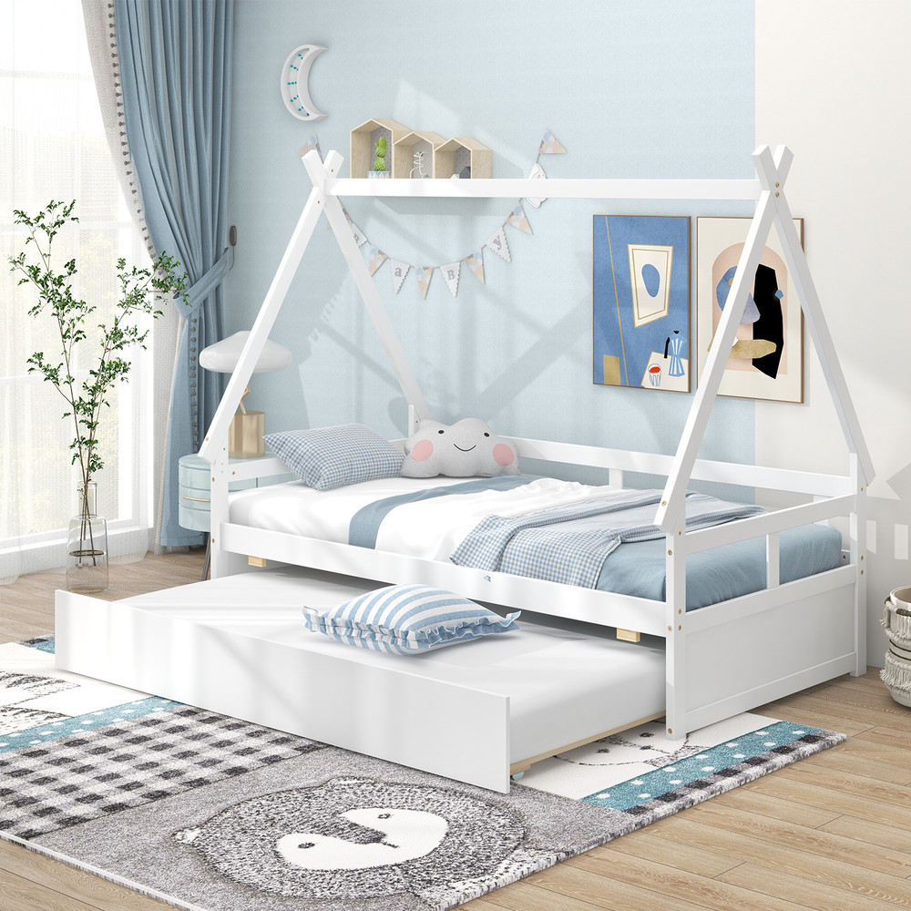 Twin Size House Bed with Trundle & Safety Guardrail, Kids Wooden Playhouse Bed Frame