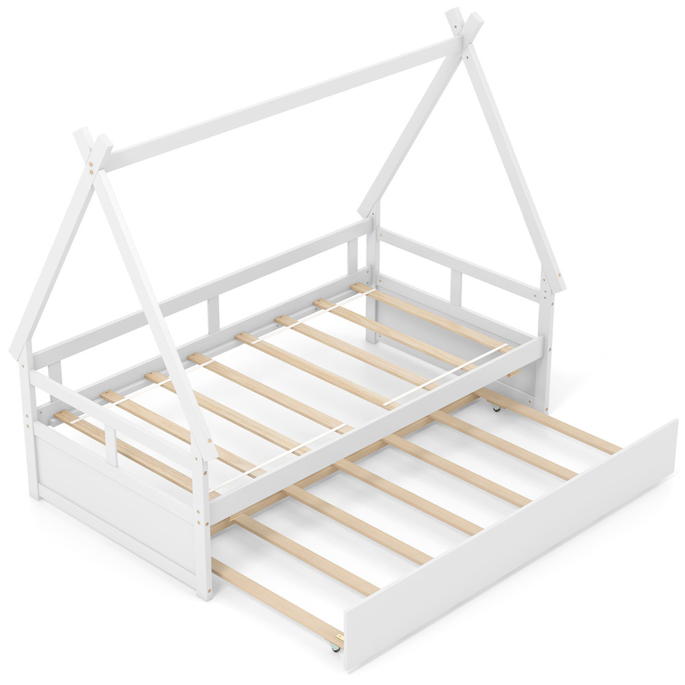 Twin Size House Bed with Trundle & Safety Guardrail, Kids Wooden Playhouse Bed Frame
