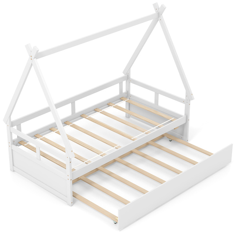 Twin Size House Bed with Trundle & Safety Guardrail, Kids Wooden Playhouse Bed Frame