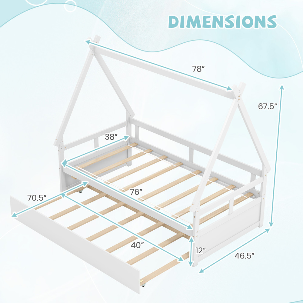 Twin Size House Bed with Trundle & Safety Guardrail, Kids Wooden Playhouse Bed Frame