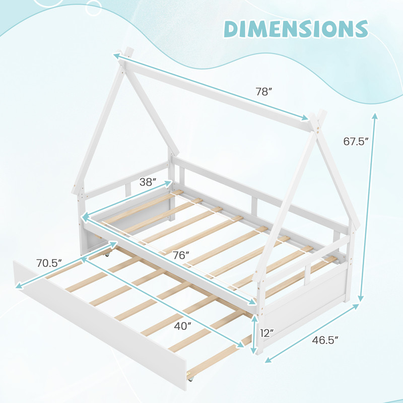 Twin Size House Bed with Trundle & Safety Guardrail, Kids Wooden Playhouse Bed Frame