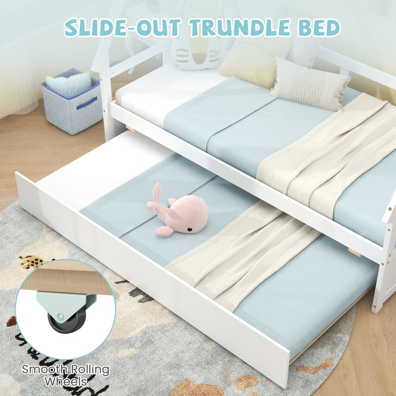 Twin Size House Bed with Trundle & Safety Guardrail, Kids Wooden Playhouse Bed Frame