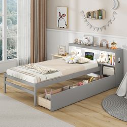 twin size bed frame with led light & bookcase headboard – usb ports, storage drawers & solid wood design