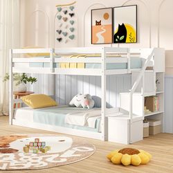 solid wood twin over twin bunk bed with storage stairs, low floor bunk bed frame
