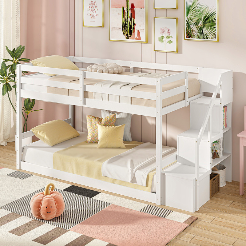 Solid Wood Twin Over Twin Bunk Bed With Storage Stairs Low Floor Bunk Bed Frame 1