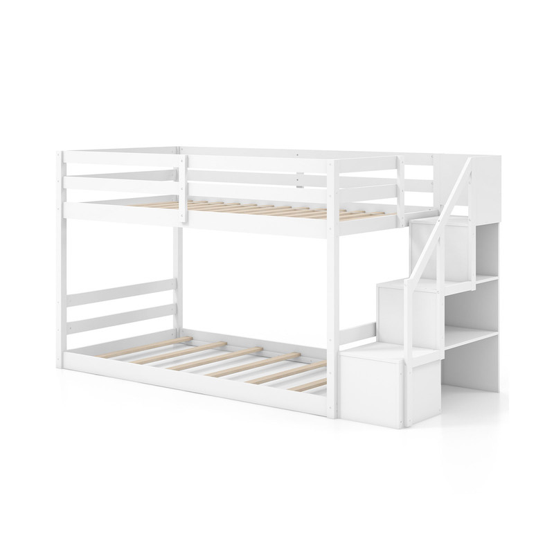 Solid Wood Twin Over Twin Bunk Bed With Storage Stairs Low Floor Bunk Bed Frame 4