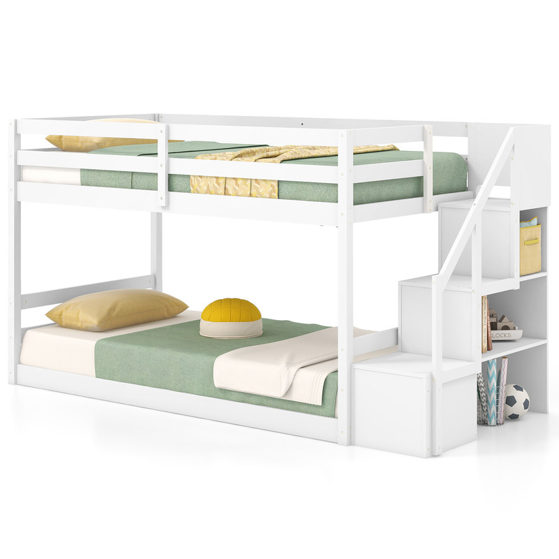 Solid Wood Twin Over Twin Bunk Bed With Storage Stairs Low Floor Bunk Bed Frame 5
