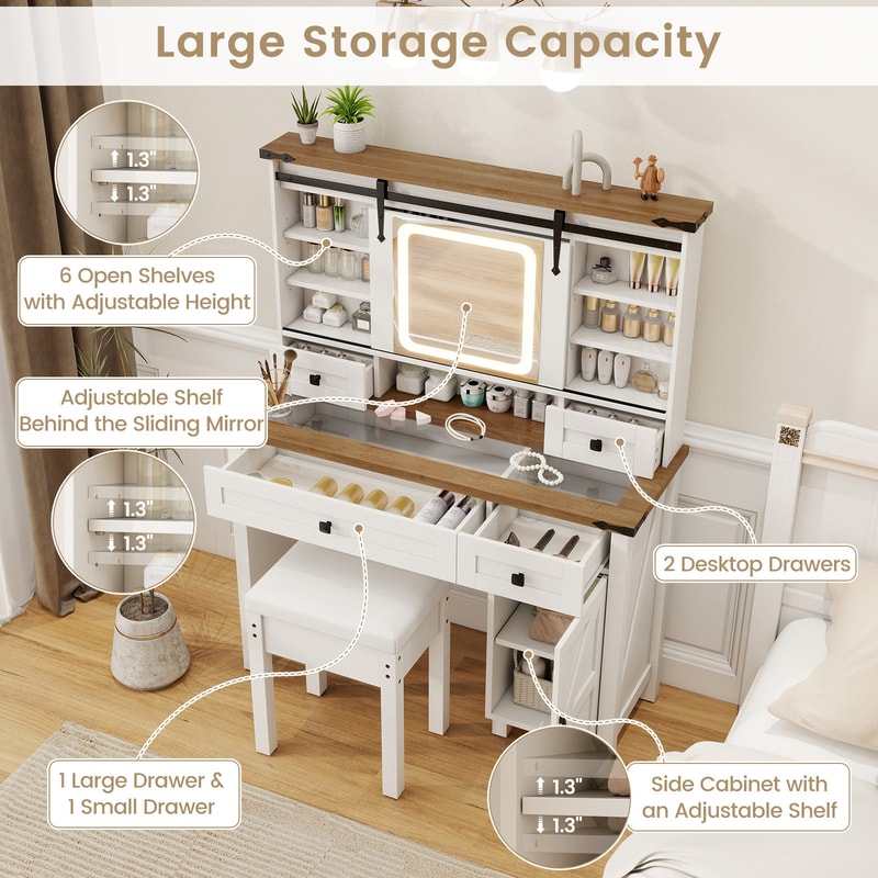 Makeup Vanity Desk With Mirror 3Color Dimmable LED Lights Beauty Dressing Table 3