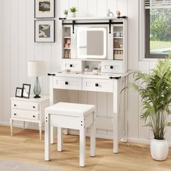 stylish vanity desk with led mirror, adjustable shelves & makeup storage