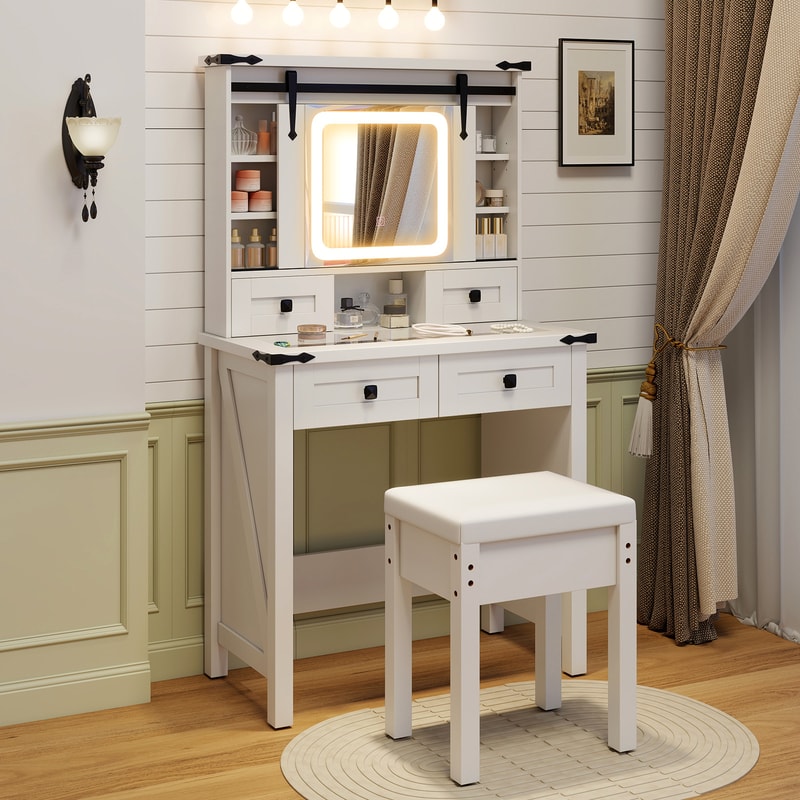 Stylish Vanity Desk with LED Mirror, Adjustable Shelves & Makeup Storage