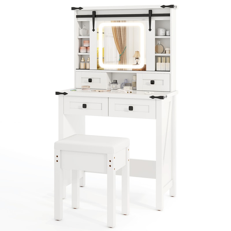 Stylish Vanity Desk with LED Mirror, Adjustable Shelves & Makeup Storage
