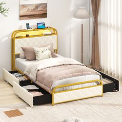 golden twin/full/queen size bed frame with led lights & usb charging station