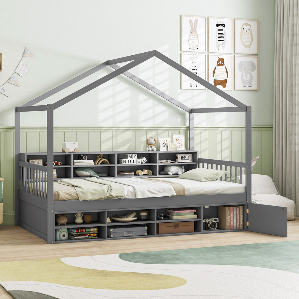 Kids Twin House Bed with Roof, 14-Cube Storage & Hidden Cabinet