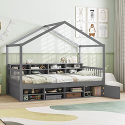 kids twin house bed with roof, 14-cube storage & hidden cabinet
