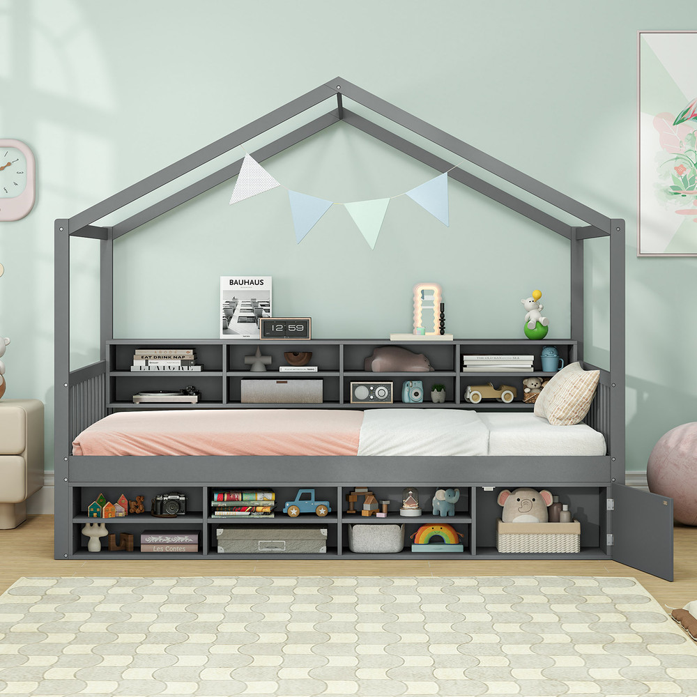 Kids Twin House Bed with Roof, 14-Cube Storage & Hidden Cabinet