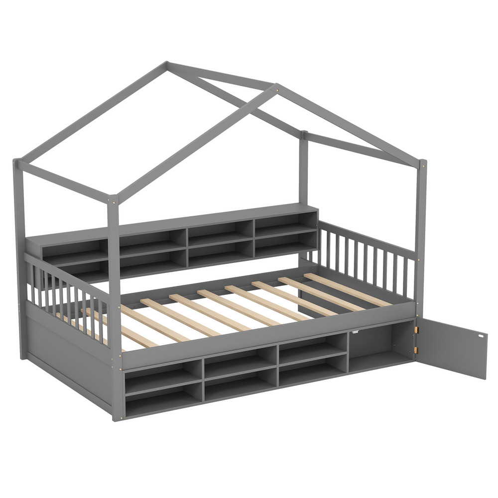 Kids Twin House Bed with Roof, 14-Cube Storage & Hidden Cabinet