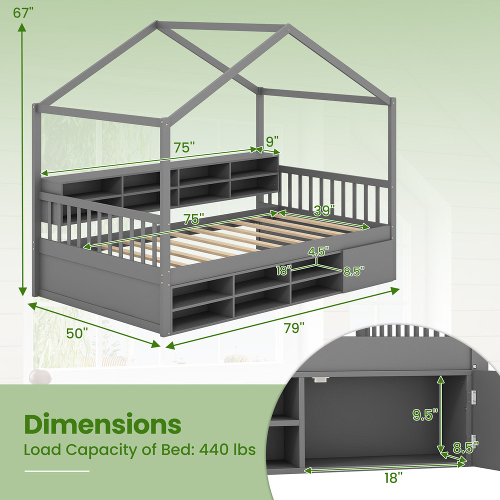 Kids Twin House Bed with Roof, 14-Cube Storage & Hidden Cabinet