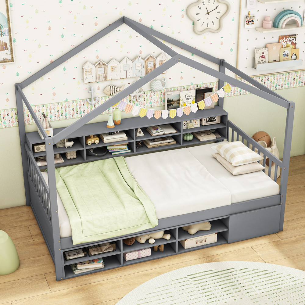 Kids Twin House Bed with Roof, 14-Cube Storage & Hidden Cabinet