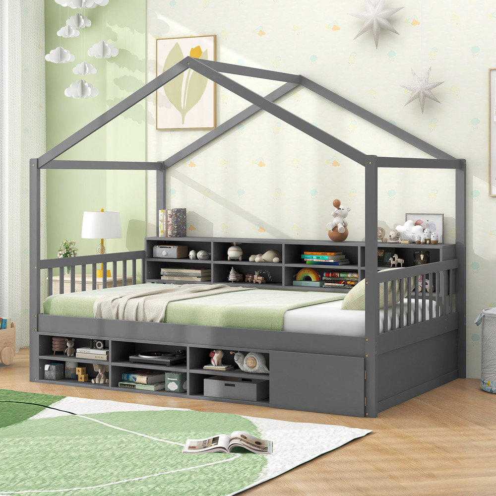 Kids Twin House Bed with Roof, 14-Cube Storage & Hidden Cabinet