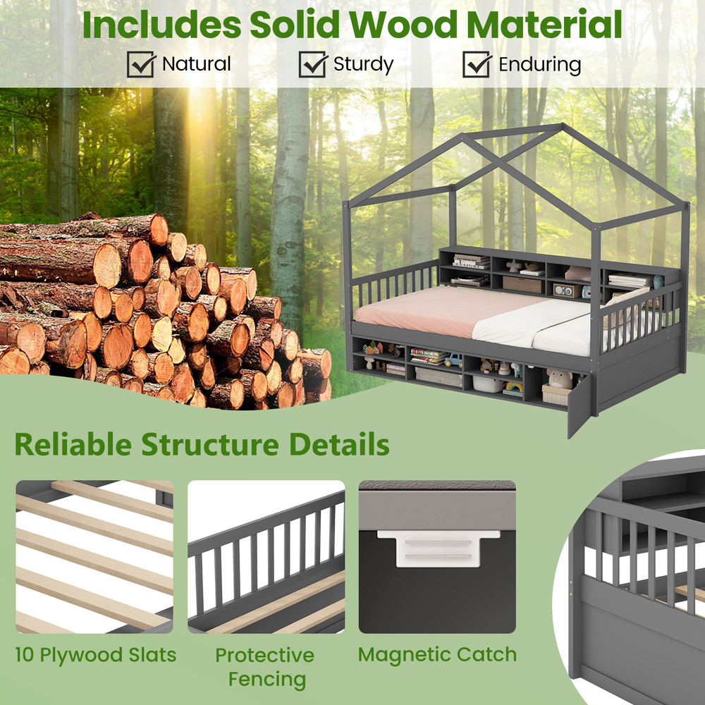 Kids Twin House Bed with Roof, 14-Cube Storage & Hidden Cabinet