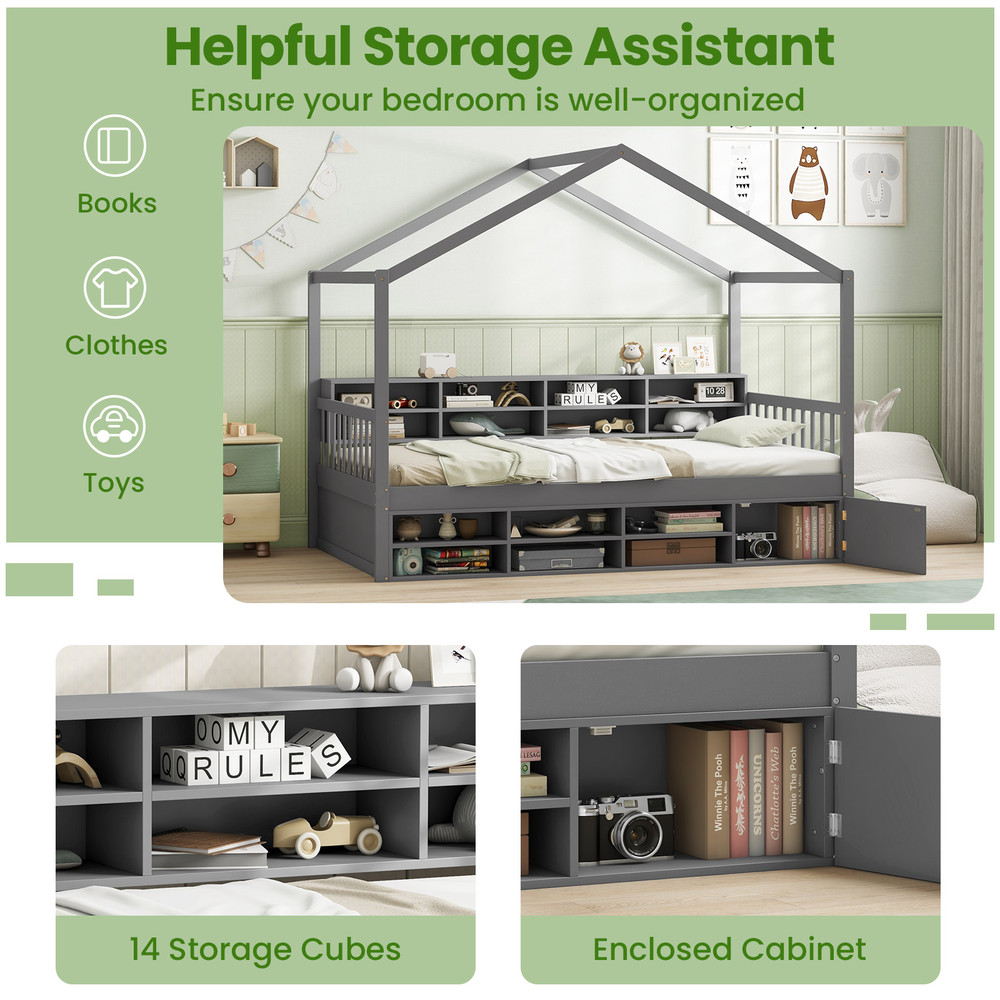 Kids Twin House Bed with Roof, 14-Cube Storage & Hidden Cabinet