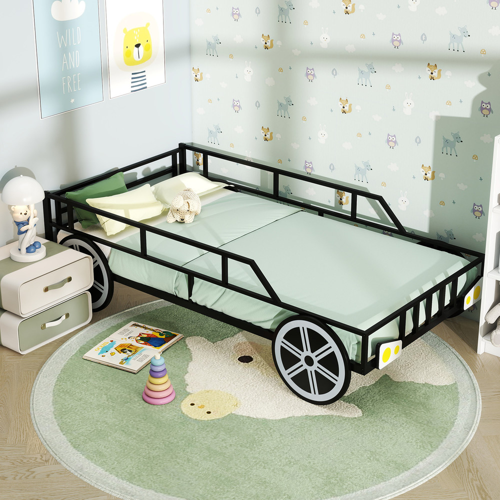 Car-Shaped Twin Bed Frame for Kids, Sturdy Metal Construction & Safety Guardrails