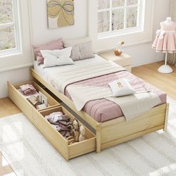 twin size captain bed with 2 drawers & sturdy slats support, space-saving storage bed