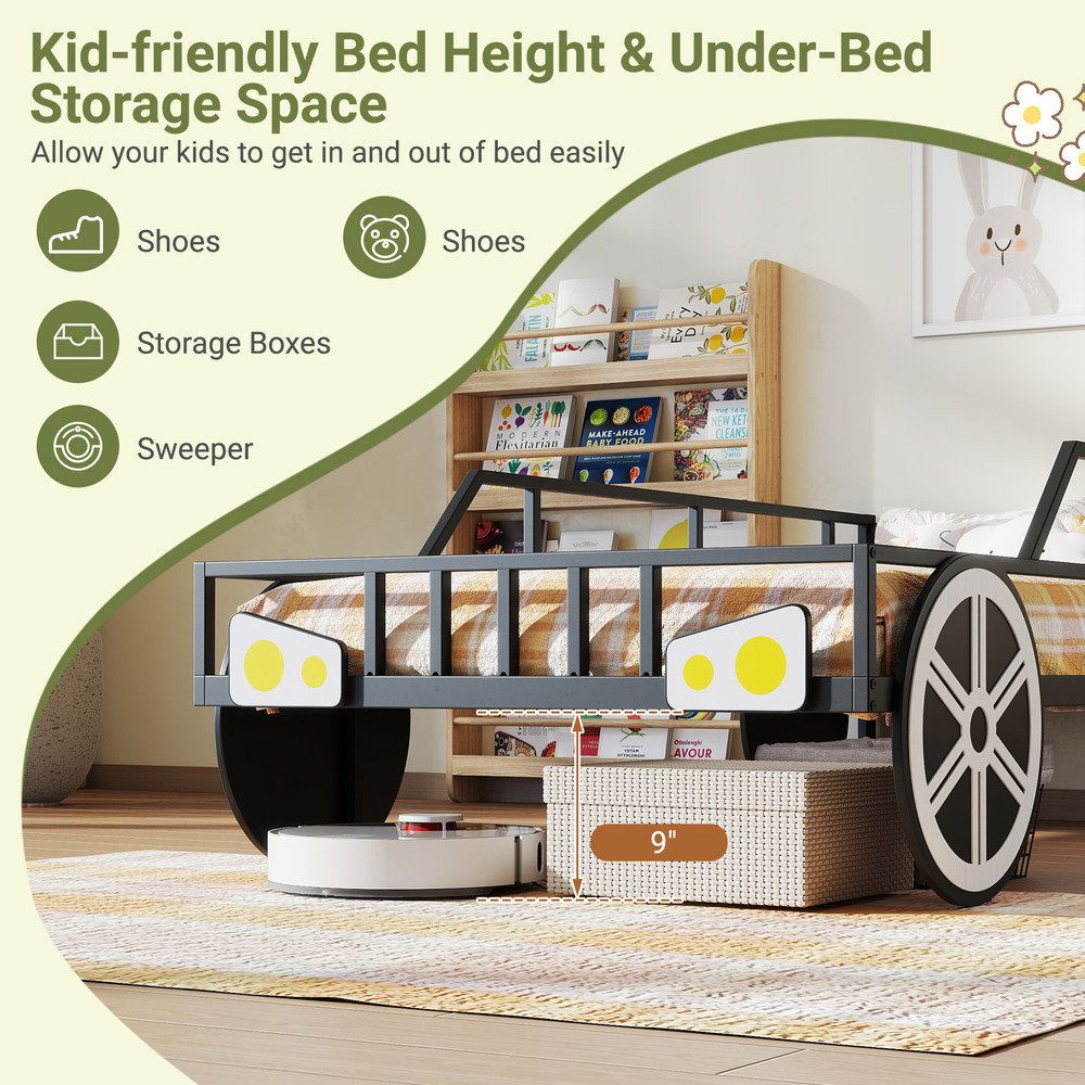 Car-Shaped Twin Bed Frame for Kids, Sturdy Metal Construction & Safety Guardrails