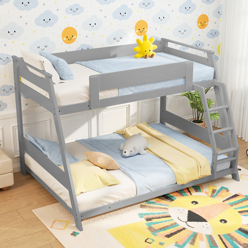 Twin Over Full Low Bunk Bed with Reversible Ladder, Space-Saving & Sturdy
