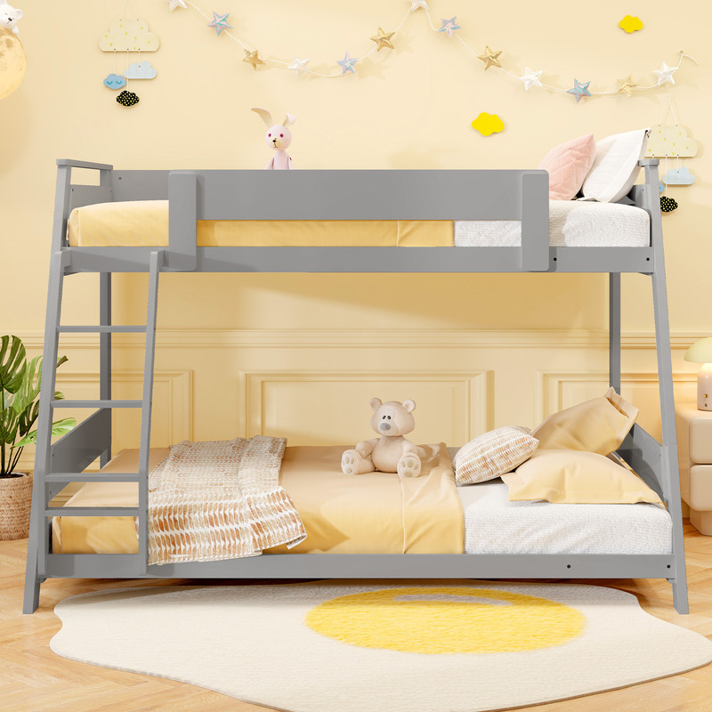 Twin Over Full Low Bunk Bed with Reversible Ladder, Space-Saving & Sturdy