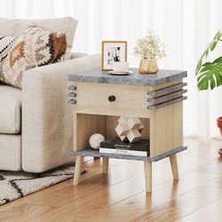 3-tier bedside table nightstand with antique grey faux marble top, stylish & functional