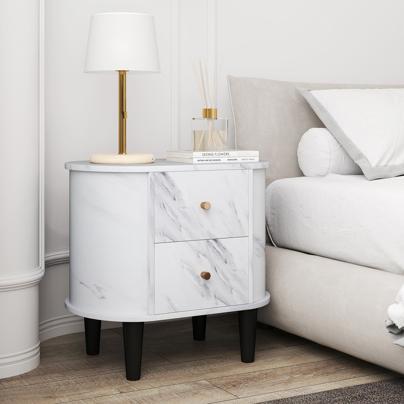 Faux Marble Nightstand, Sleek Modern Bedside Table with 2 Storage Drawers