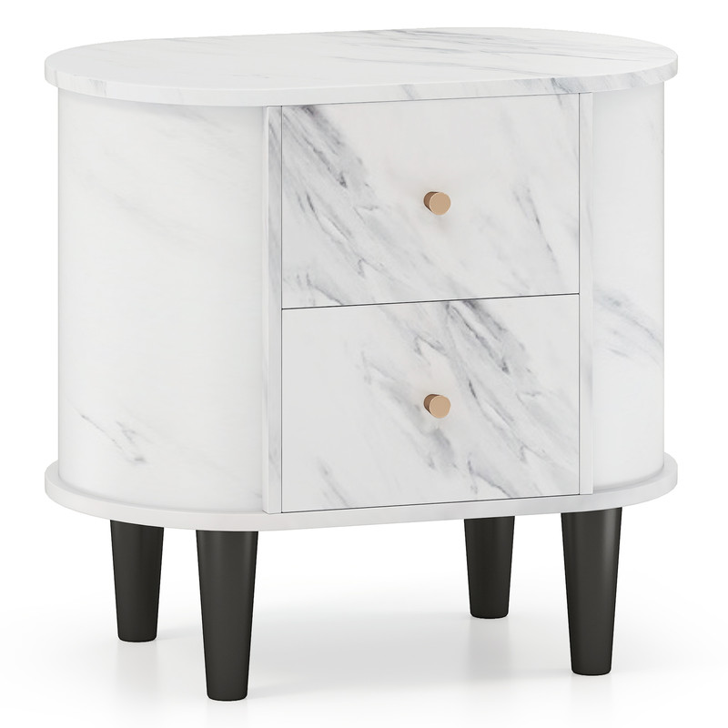 Faux Marble Nightstand, Sleek Modern Bedside Table with 2 Storage Drawers