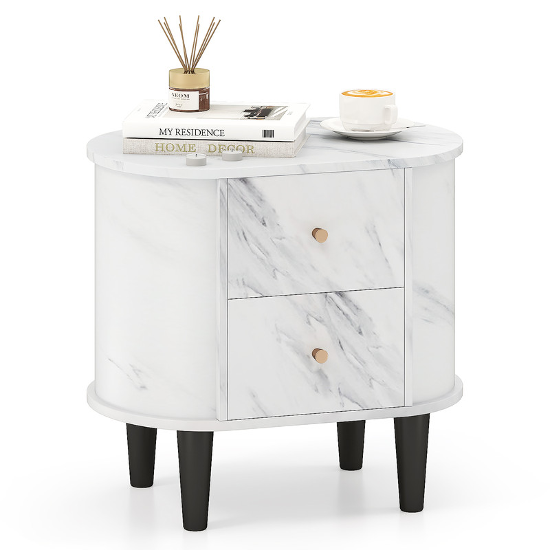 Faux Marble Nightstand, Sleek Modern Bedside Table with 2 Storage Drawers