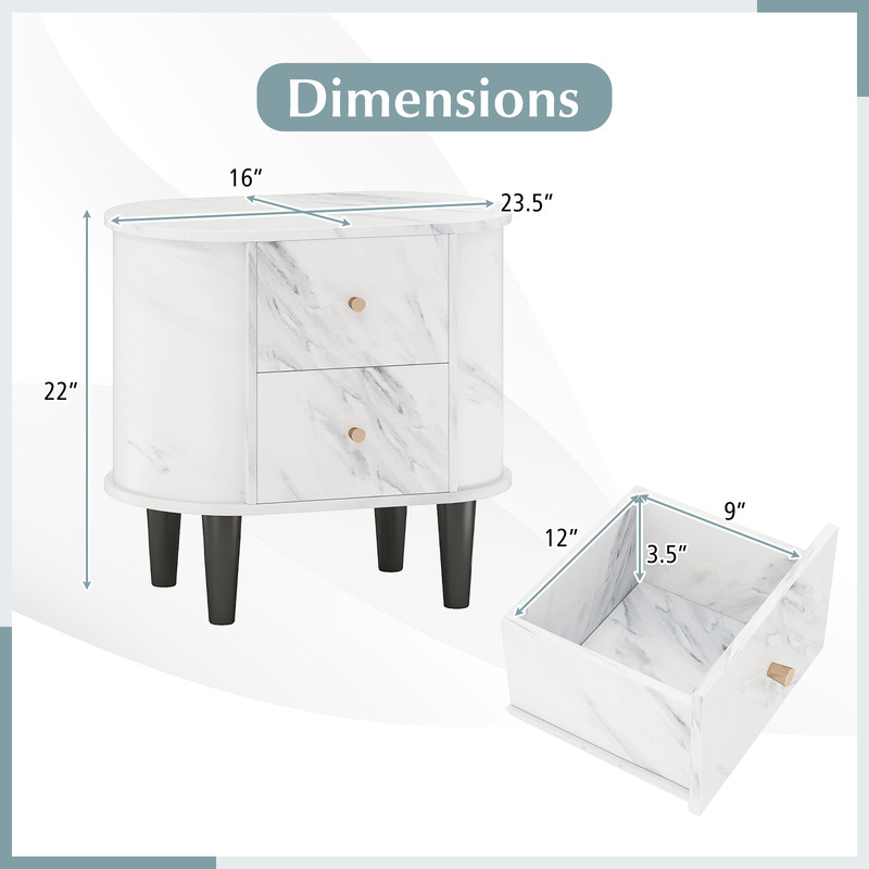 Faux Marble Nightstand, Sleek Modern Bedside Table with 2 Storage Drawers