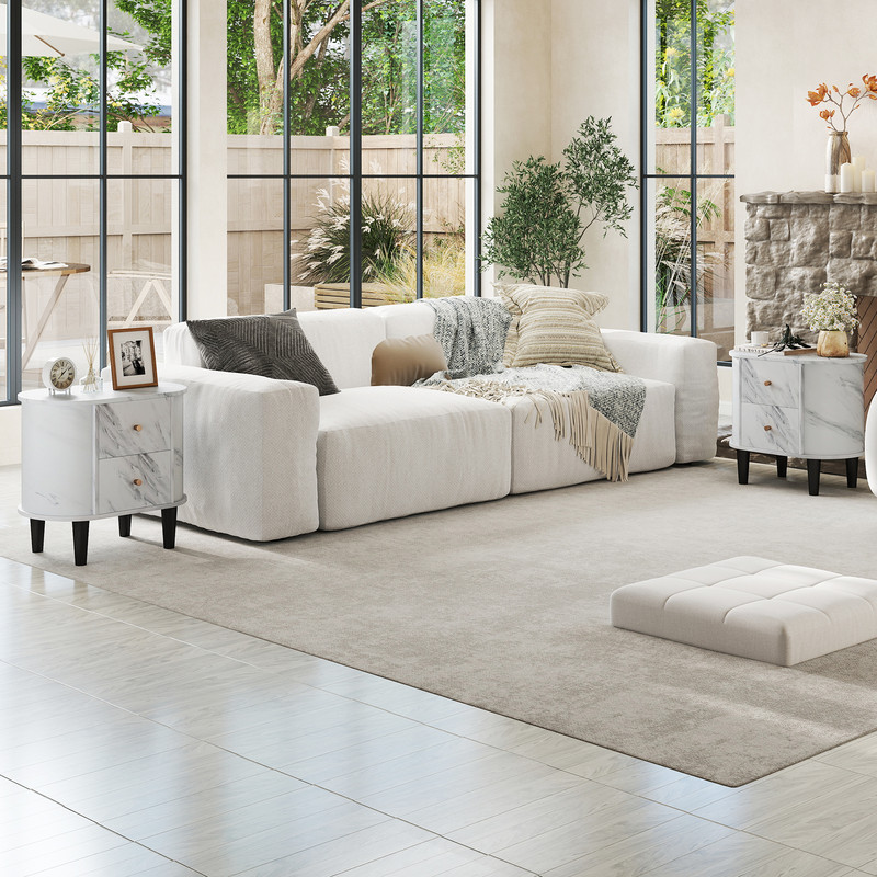 Faux Marble Nightstand, Sleek Modern Bedside Table with 2 Storage Drawers