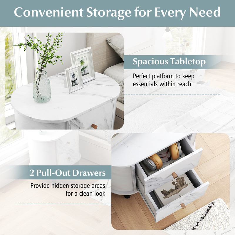Faux Marble Nightstand, Sleek Modern Bedside Table with 2 Storage Drawers
