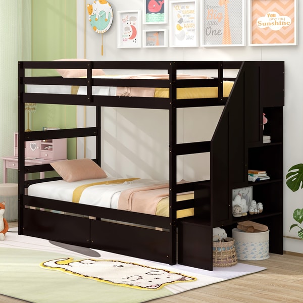 Twin Over Twin Bunk Bed with Storage Stairs & Built-In Drawers, Space-Saving Kids Bed