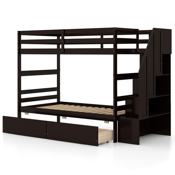 Twin Over Twin Bunk Bed with Storage Stairs & Built-In Drawers, Space-Saving Kids Bed
