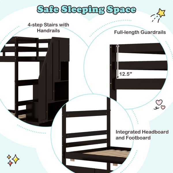 Twin Over Twin Bunk Bed with Storage Stairs & Built-In Drawers, Space-Saving Kids Bed