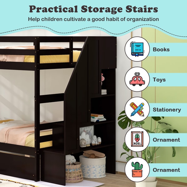 Twin Over Twin Bunk Bed with Storage Stairs & Built-In Drawers, Space-Saving Kids Bed