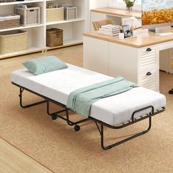 foldable cot-size bed frame with memory foam mattress, sturdy metal frame for compact comfort