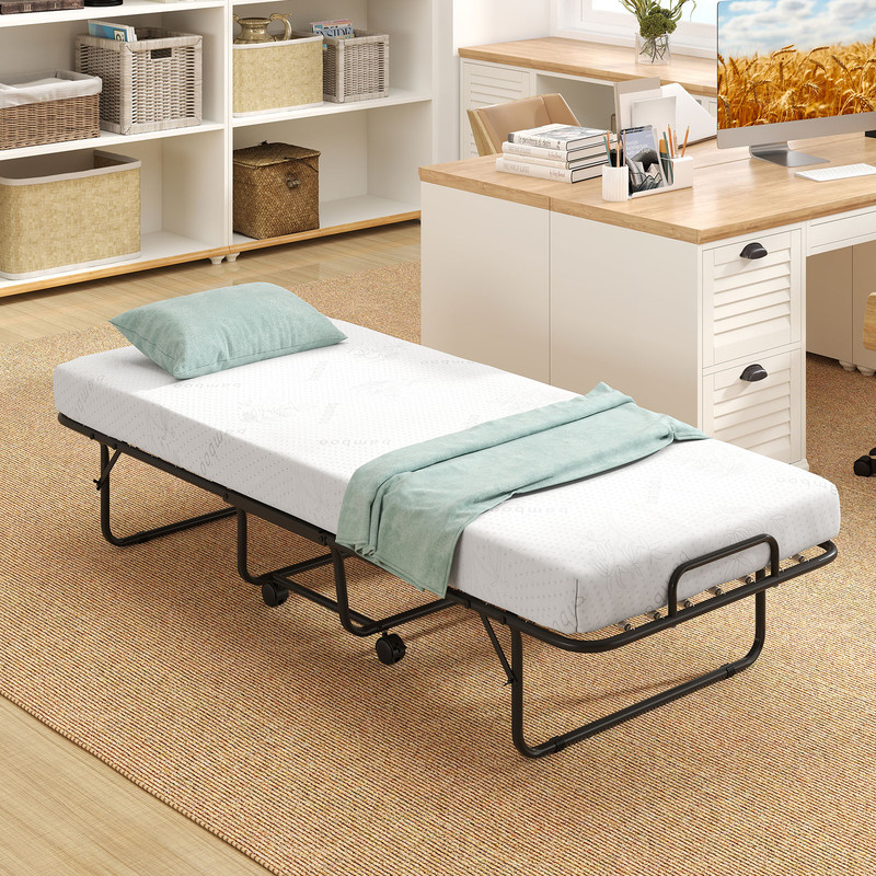 Foldable Cot-Size Bed Frame with Memory Foam Mattress, Sturdy Metal Frame for Compact Comfort