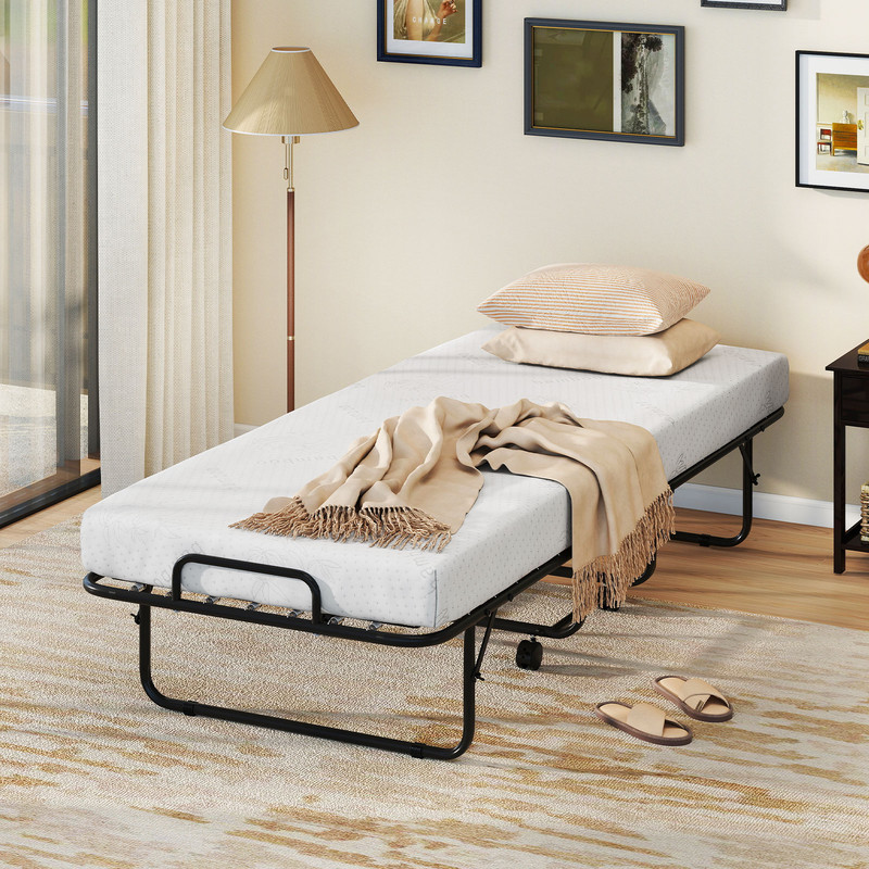 Foldable Cot-Size Bed Frame with Memory Foam Mattress, Sturdy Metal Frame for Compact Comfort