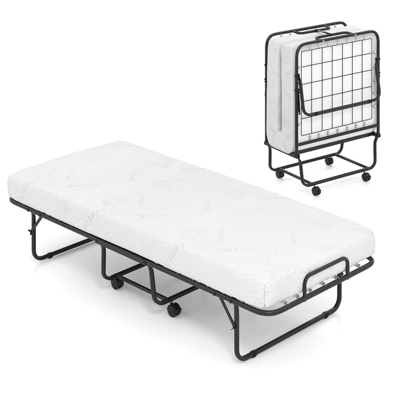 Foldable Cot-Size Bed Frame with Memory Foam Mattress, Sturdy Metal Frame for Compact Comfort