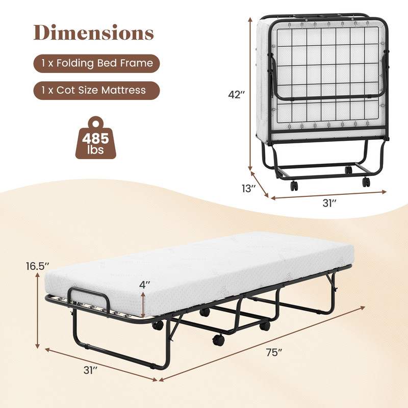 Foldable Cot-Size Bed Frame with Memory Foam Mattress, Sturdy Metal Frame for Compact Comfort