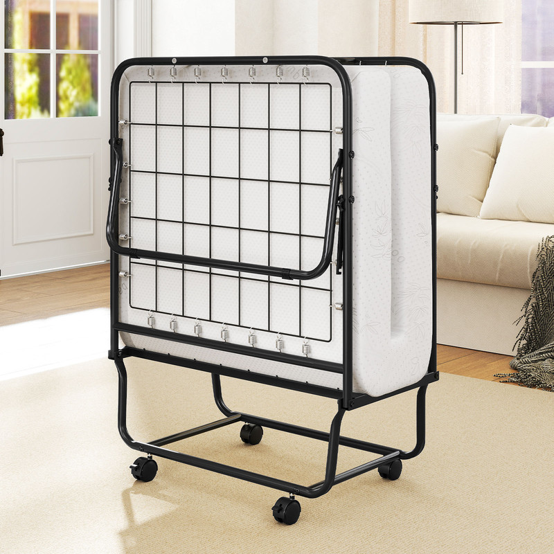 Foldable Cot-Size Bed Frame with Memory Foam Mattress, Sturdy Metal Frame for Compact Comfort