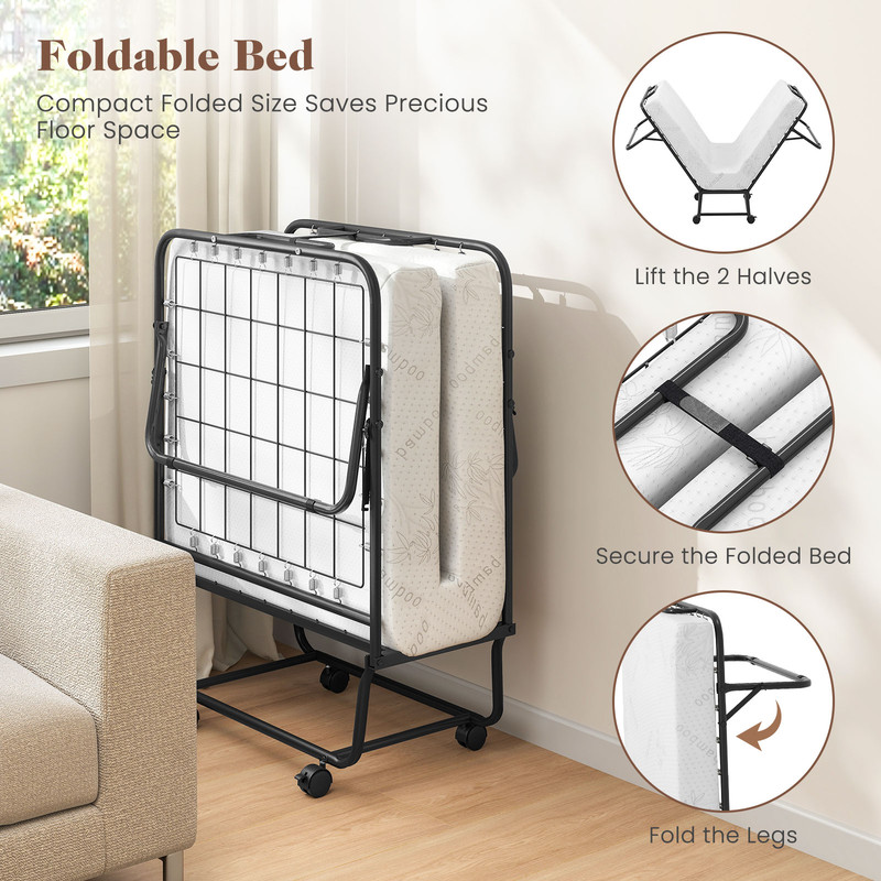 Foldable Cot-Size Bed Frame with Memory Foam Mattress, Sturdy Metal Frame for Compact Comfort
