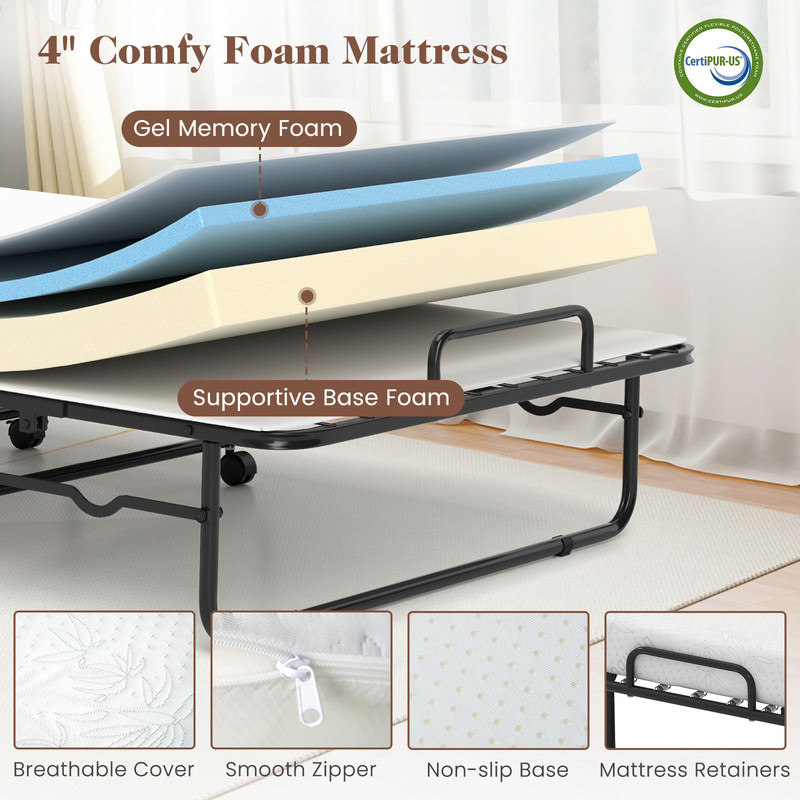 Foldable Cot-Size Bed Frame with Memory Foam Mattress, Sturdy Metal Frame for Compact Comfort